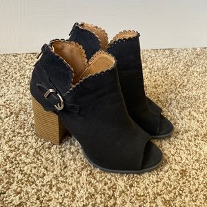 Black Suede Qupid Open Toe Heels